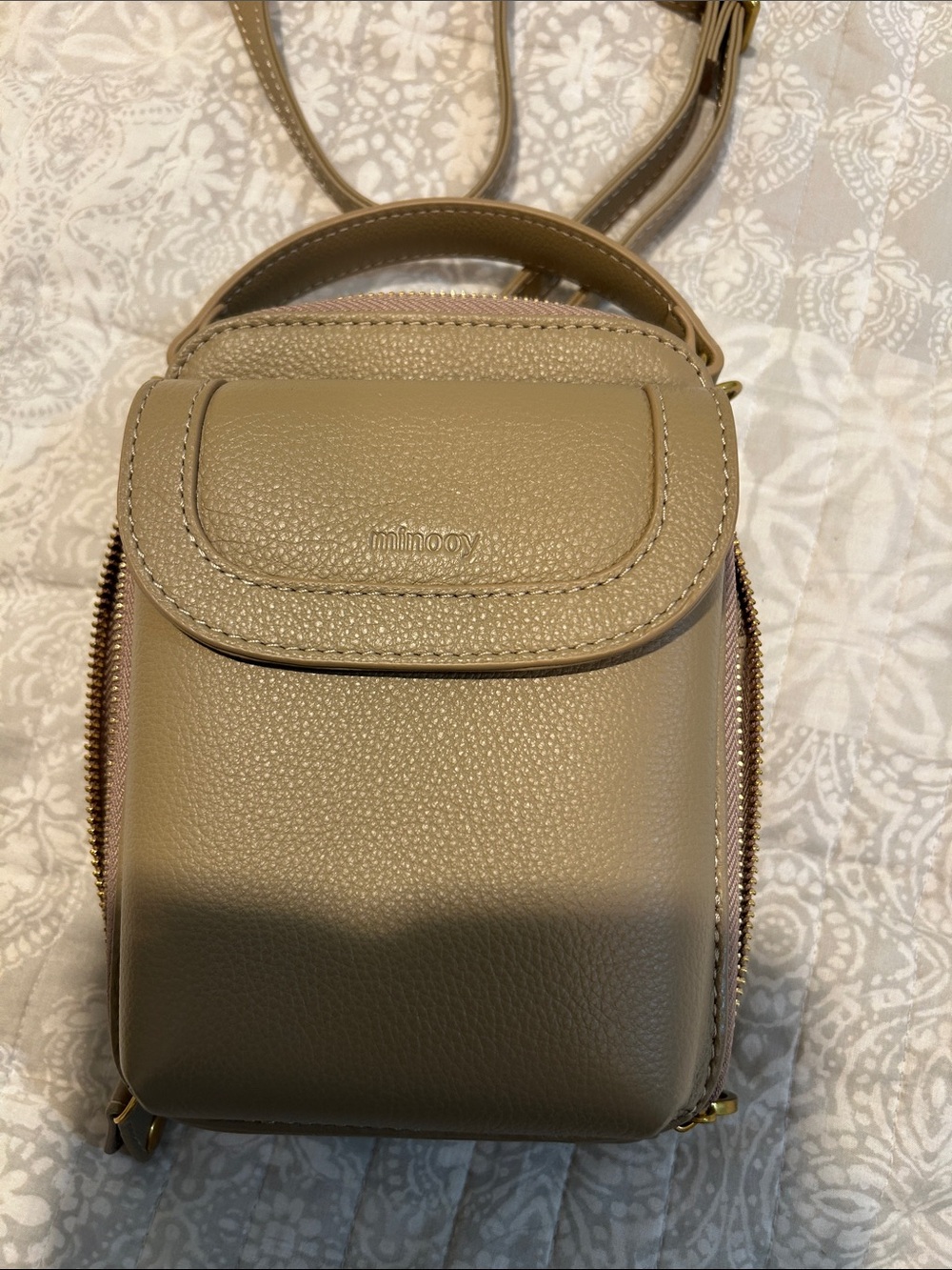 Mini Pebbled Crossbody Phone Bag in Taupe by Mimcoov